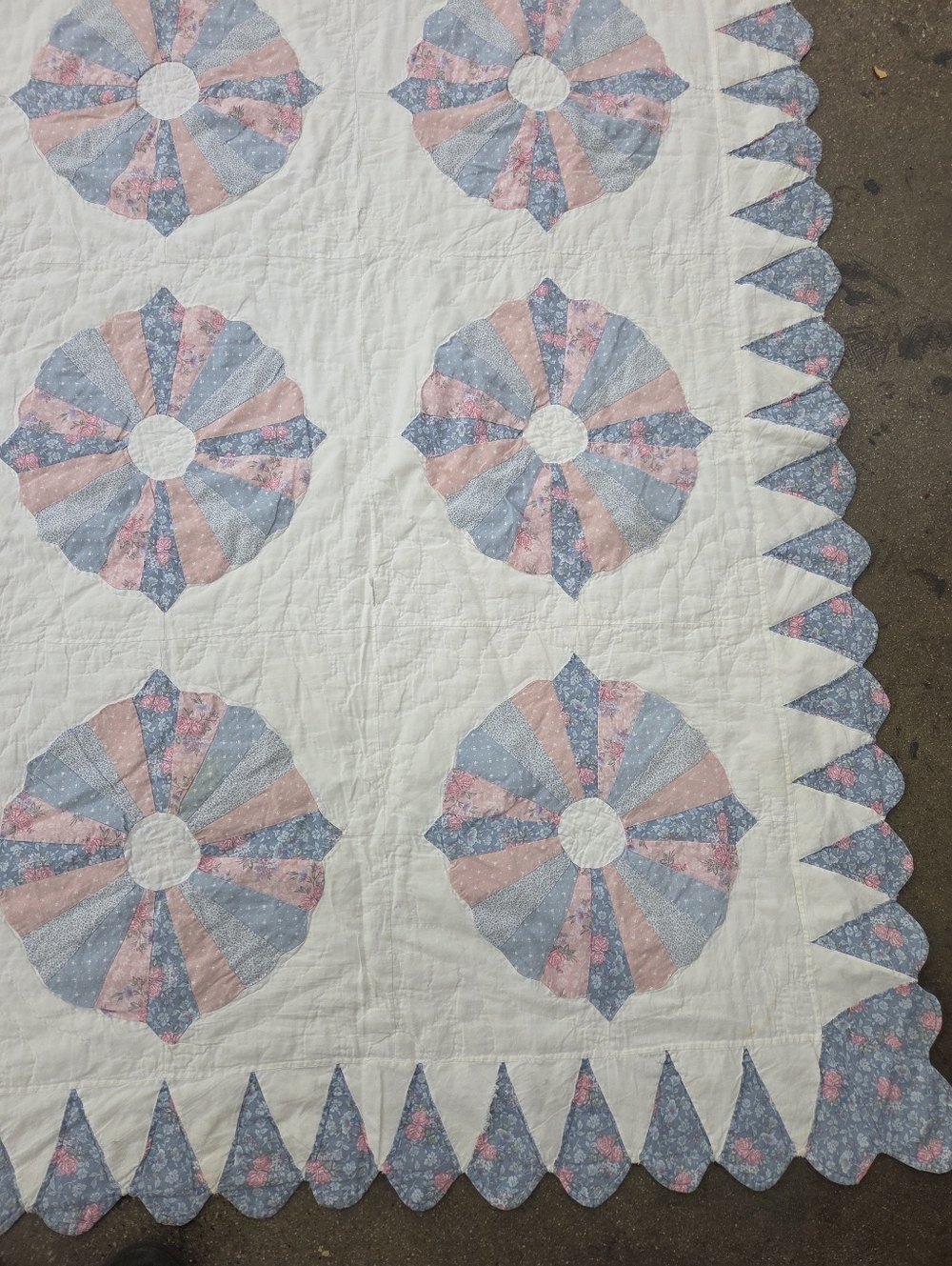 Vintage Handmade White Quilt with Pink and Blue Floral Medallions Floral - Picture 3 of 10